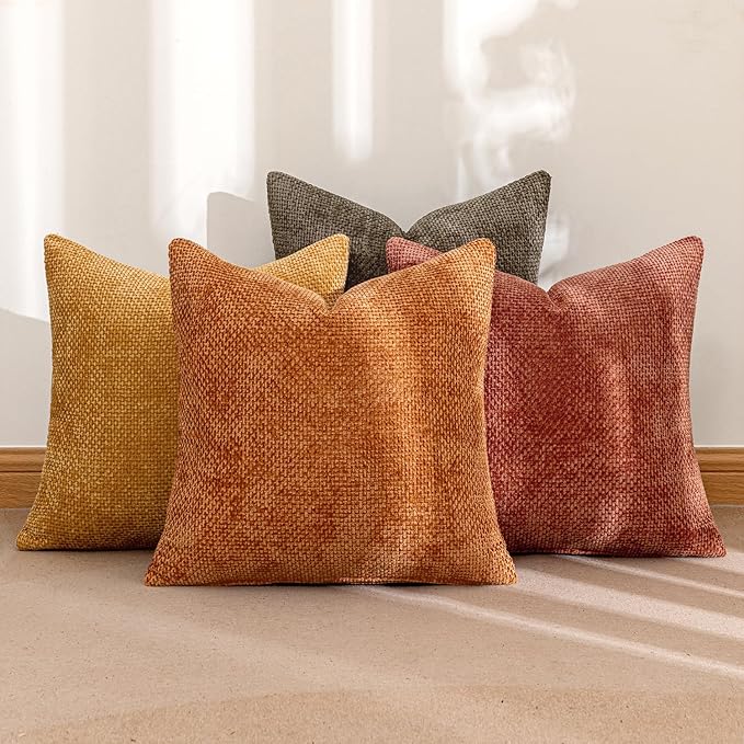 MIULEE Pack of 4 Fall Orange/Yellow Couch Throw Pillow Covers 18x18 Inch Halloween Soft Decorative Chenille Pillows Farmhouse Accent Cushions for Boho Home Decor Spring Sofa Bedroom Living Room