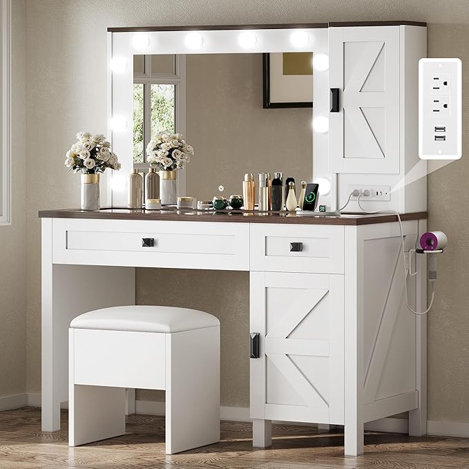 YITAHOME Makeup Vanity Desk with Mirror and Lights, Farmhouse Vanity Table with Charging Station, 42'' Dressing Table with 2 Drawers & 6 Cabinets, 3 Color Lighting Modes, for Bedroom, White