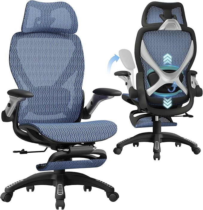 ELABEST X100 Ergonomic Office Chair with Footrest, Big and Tall Home Desk Chair with 5D Flip-Up Arms, Adjustable 3D Lumbar Support,High Back Rolling Computer Chair, Swivel Mesh Chairs (Oaxaca Blue)