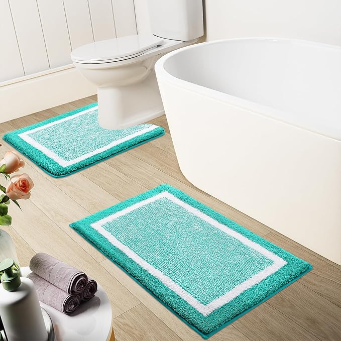 OLANLY Toilet Rugs U-Shaped 24x20, Extra Soft and Absorbent Microfiber Bathroom Rugs, Non-Slip, Machine Wash Dry, Plush Shaggy Contour Bath Mats for Toilet Base (Green and White)