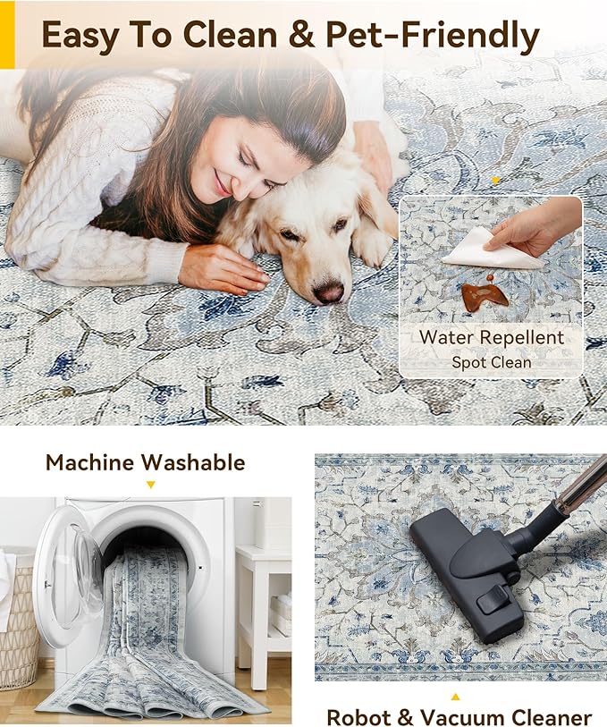 Area Rugs 6'x9' Washable Non-Slip, Floral Vintage Distress Print Pattern Medallion Carpet for Living Room Bedroom Dining Room, Light Blue Navy Beige Gray White