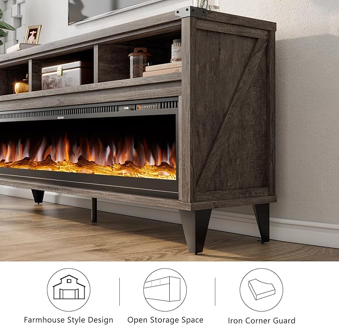 65“ Fireplace TV Stand, Farmhouse Entertainment Center with 60" Tempered Glass Electric Fireplace, Industrial Media Console with Open Storage Space for TVs up to 75", Light Gray