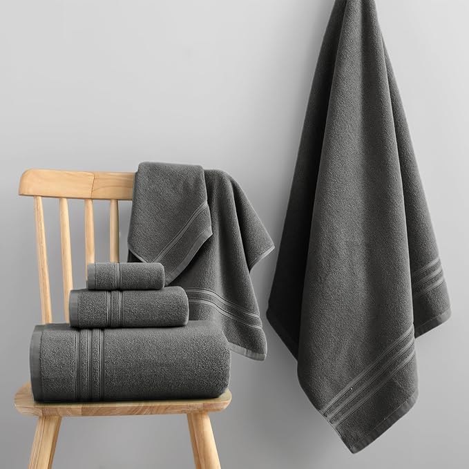 REDKISS 6 Piece Luxury Bath Towel Set - 100% Cotton Towels for Bathroom, 600 GSM Premium Dark Grey Towels of 6, Includes 2 Large Bath Sheets, 2 Hand Towel, 2 Washcloths, Highly Absorbent