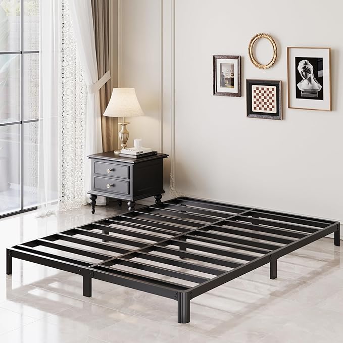 7 Inch Low Queen Bed Frame with Rounded Corner Legs, 2000 LBS Heavy Duty Metal Slats Support Queen Platform Bed Frame No Box Spring Needed, Easy Assembly, Black