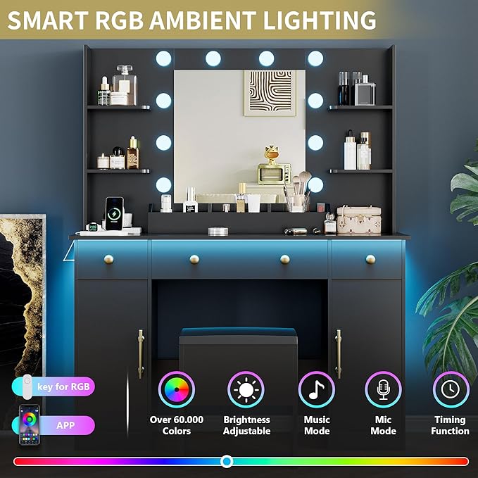 Vanity Desk with Mirror and Lights, 43'' Black Makeup Dressing Table Set with 5 Drawers & Chair, Power Outlet, 3 Lighting Modes Adjustable Brightness & RGB LED for Women Girls Bedroom Bathroom