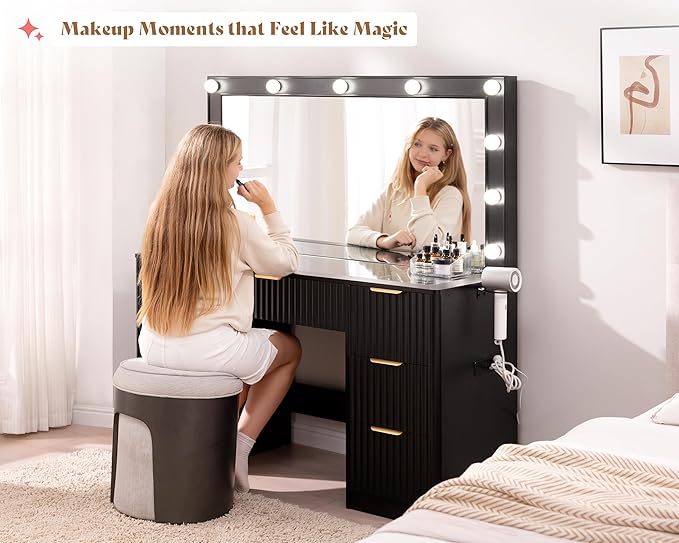 AMERLIFE 47.2" Fluted Vanity Desk with Large Mirror and Adjustable LED Lights, 7 Drawers Makeup Table with Glass Top and Charging Station for Women and Girls, Bedroom or Dorm, Black