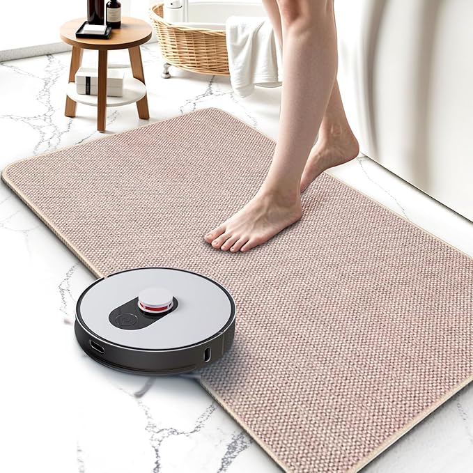 Upgraded Thin Bathroom Rugs, Bath Mat Super Absorbent, Bath Rugs Rubber Backing Non-Slip, Quick Dry Machine Washable, Cozy Cloth Bathroom Mat fit Under Door/Sink/ Bathtub/Shower/Kids 24''x48''-Biege