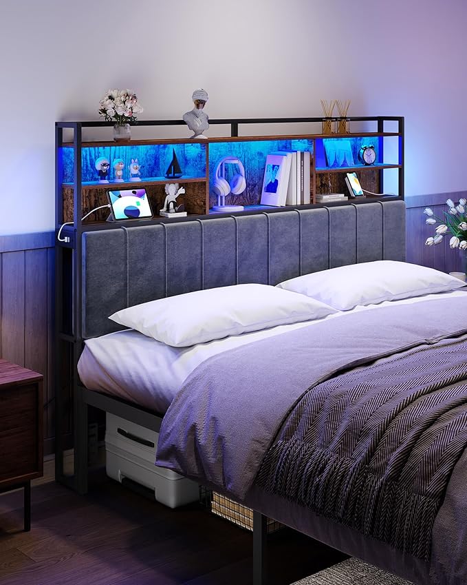 Headboard with 3-Tier Storage Shelves, Velvet Upholstered Head Board with 2 Outlets, USB Ports & LED Light, Soft Backrest for King Size Bed Rustic Brown and Black BH19401B