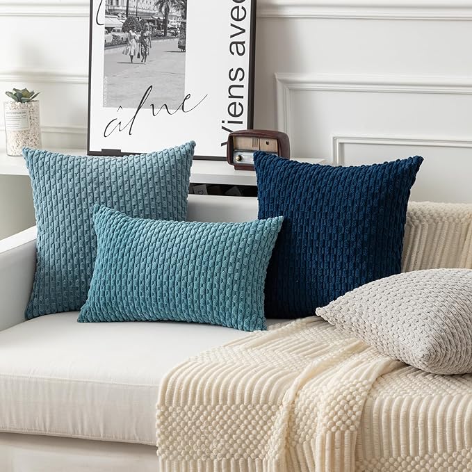 Kevin Textile Throw Pillow Covers Soft Corduroy Decorative Set of 2 Boho Striped Pillow Covers Pillowcases Farmhouse Home Decor for Couch Bed Sofa Living Room 26x26 Inch Blue Grey