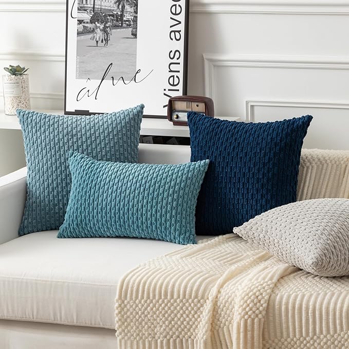 Kevin Textile Throw Pillow Covers Soft Corduroy Decorative Set of 2 Boho Striped Pillow Covers Pillowcases Farmhouse Home Decor for Couch Bed Sofa Living Room 22x22 Inch Blue Grey