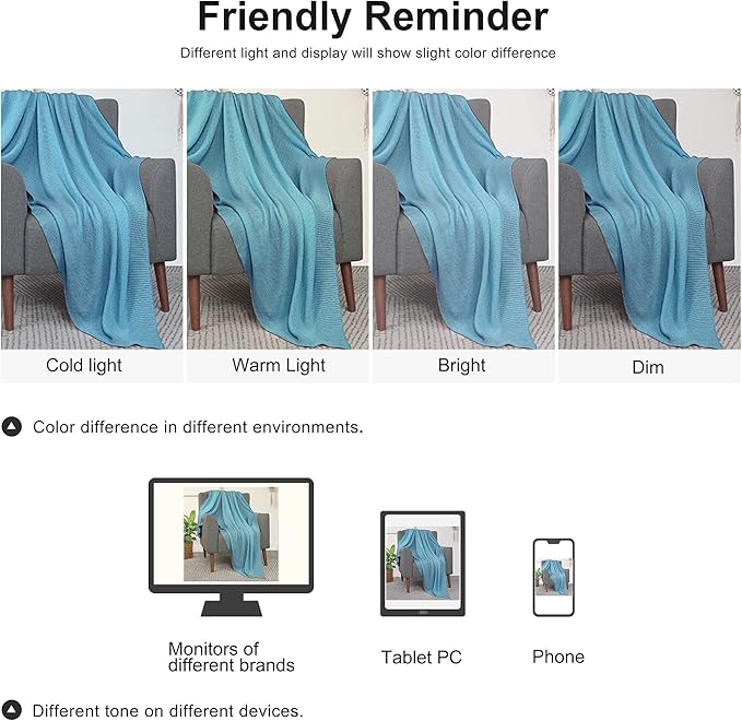 PiccoCasa 100% Cotton Knit Throw Blanket,Solid Lightweight Decorative Throws and Blankets,Soft Knitted Throw Blanket for Sofa Couch, Horizon Blue 50" x 60"