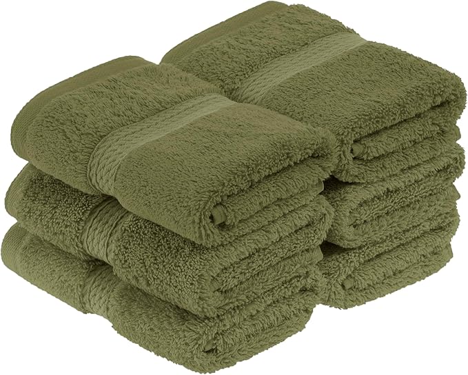 Superior Egyptian Cotton Pile Face Towel/Washcloth Set of 6, Ultra Soft Luxury Towels, Thick Plush Essentials, Absorbent Heavyweight, Guest Bath, Hotel, Spa, Home Bathroom, Shower Basics, Forest Green