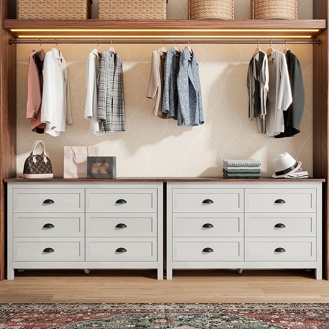 Wananlanen® Farmhouse Dresser for Bedroom, Antique Double Dresser & Chest of Drawer with Vintage Handle and Storage, Wooden Tall Rustic Organizer for Bedroom (Antique White, 6 Drawer)