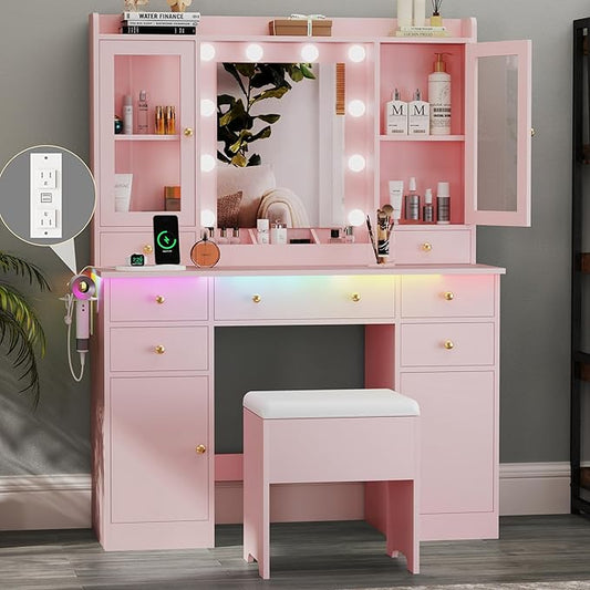 Makeup Vanity Desk with Mirror & LED Lights, Storage Drawers, Charging Station, Cabinets & Stool, Large Dressing Table with RGB Ambient Lighting for Bedroom & Vanity Room