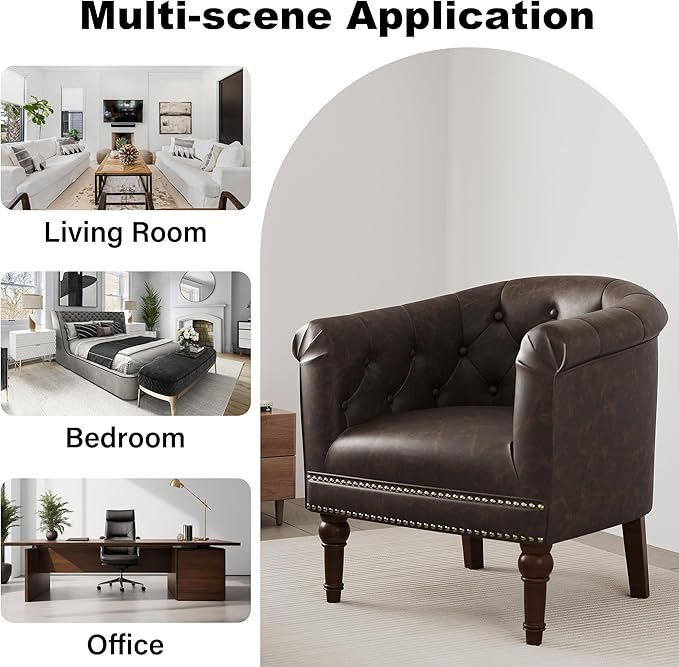 Accent Chair, Upholstered Faux Leather Barrel Chair with Nailed Trim, Comfy Club Armchair for Reading Living Room Bedroom Waiting Room (Chocolate, Set of 1)