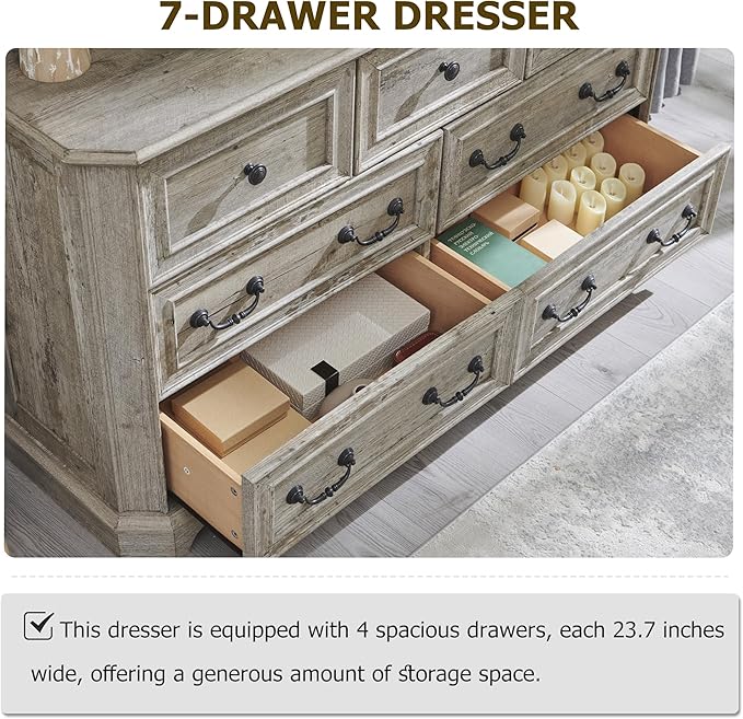 T4TREAM Farmhouse 7 Drawers Dresser for Bedroom, 54" Wide Wood Rustic Chest of Drawers with Natural Texture, Vintage Design, Storage Dressers Organizer for Bedroom, Living Room Light Rustic Oak