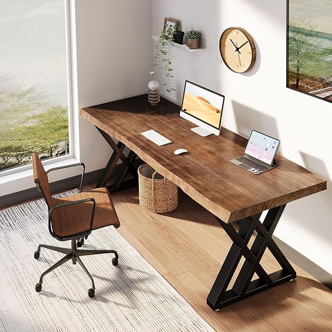 Solid Wood Computer Desk Study Office Desk 55" Writing Desk, Modern Simple Style PC Table, Black Metal Frame, Solid Wood Planks 55" D x 27" W x 29" H for Home Office Bedroom,Rustic Brown