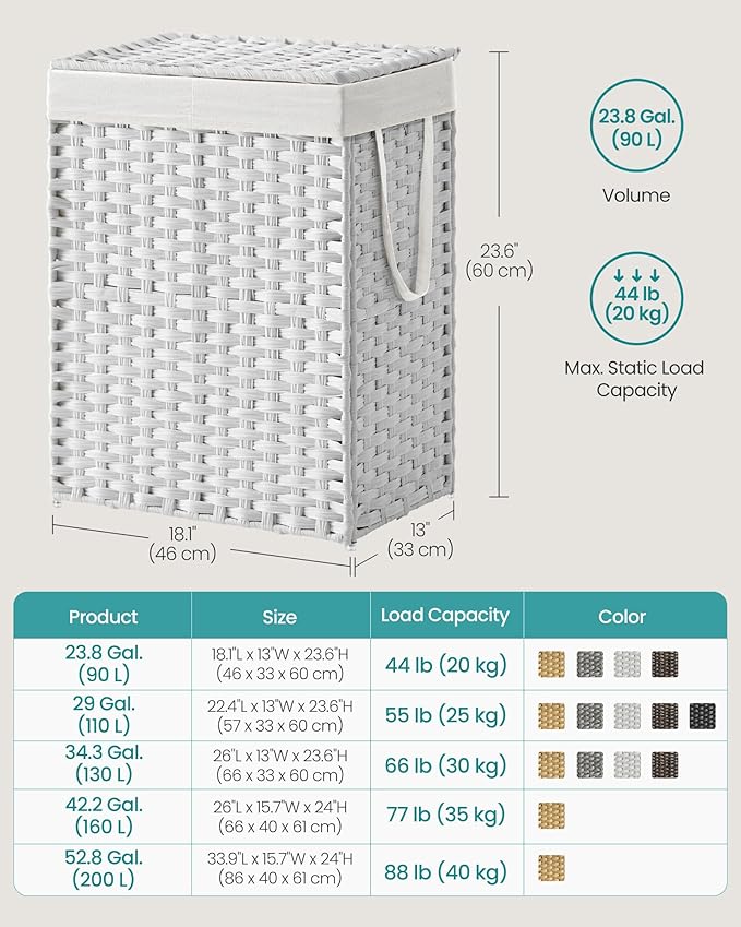 SONGMICS Laundry Hamper with Lid, 90L Clothes Hamper with 2 Removable Liner Bags, 6 Mesh Bags, Wicker Laundry Basket, Double Laundry Hamper for Bathroom, 13 x 18.1 x 23.6 Inches, White ULCB251W01V1