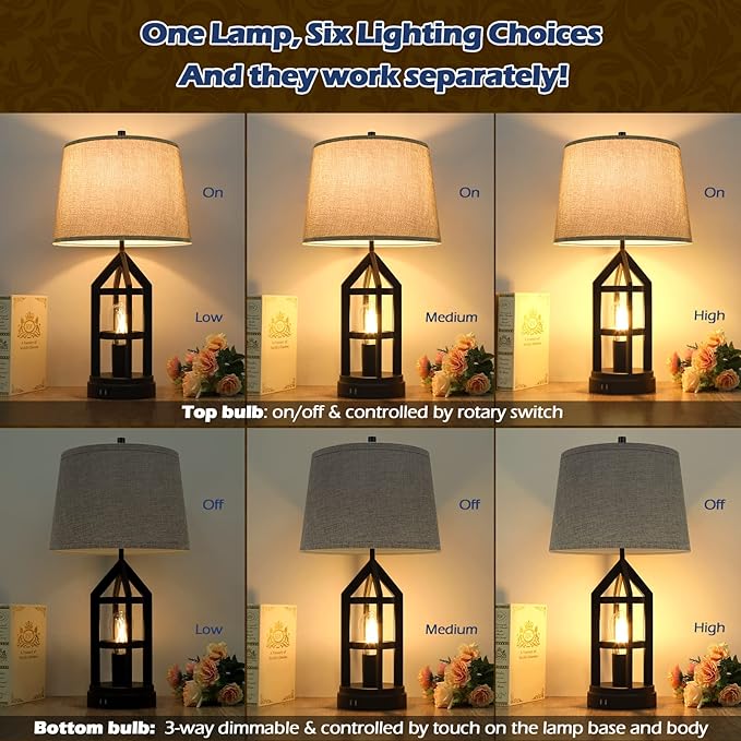BesLowe 2-Light Farmhouse Rustic Touch Table Lamps Grey, 3-Way Dimmable Bedside Lamps with 2 USB Ports for Bedroom, End Table Lamps for Living Room with Gray Shades, 4 LED Bulbs Included, Set of 2