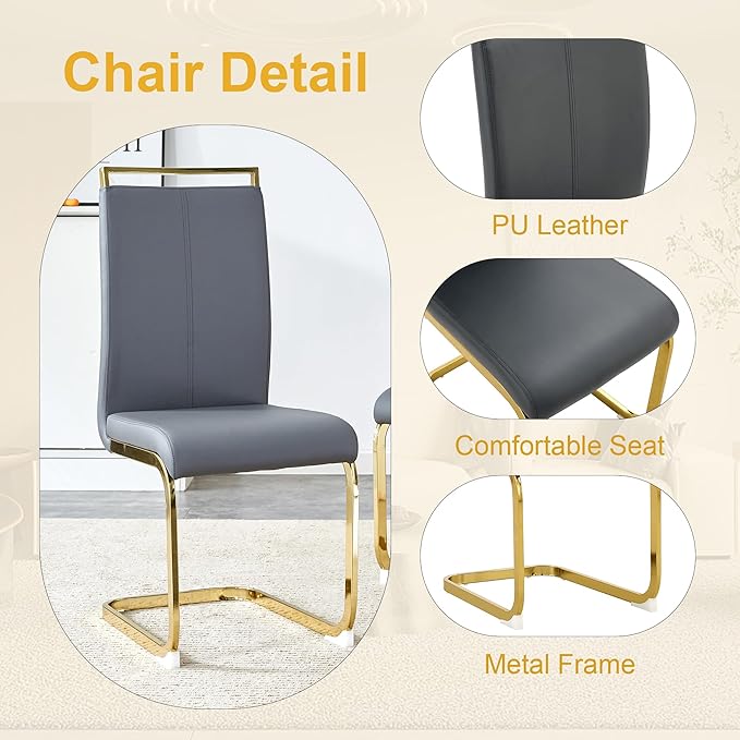 Dining Table Set for 6, Kitchen Table Chairs Set of 6, Modern Dining Room Set with 63 inch Marble Dinner Table PU Leather Upholstered Chairs for Dining Room Kitchen