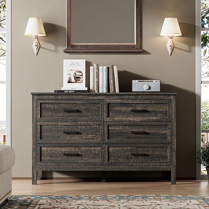 LYNSOM Farmhouse 6 Drawers Dresser for Bedroom, Wood Rustic Wide Chest of Drawers with Deep Drawers, Metal Handle, Storage Dressers Organizer for Living Room, Entryway, Dark Rustic Oak