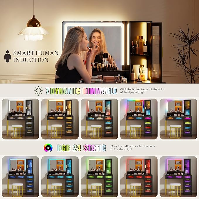 Vanity Desk with Mirror and RGB Lights, Makeup Vanity Desk with Wireless Charging Station,Large Dressing Table Set with Stool,LED Vanity Table with 6 Drawers/Cabinet/Shelves for Bedroom, Black