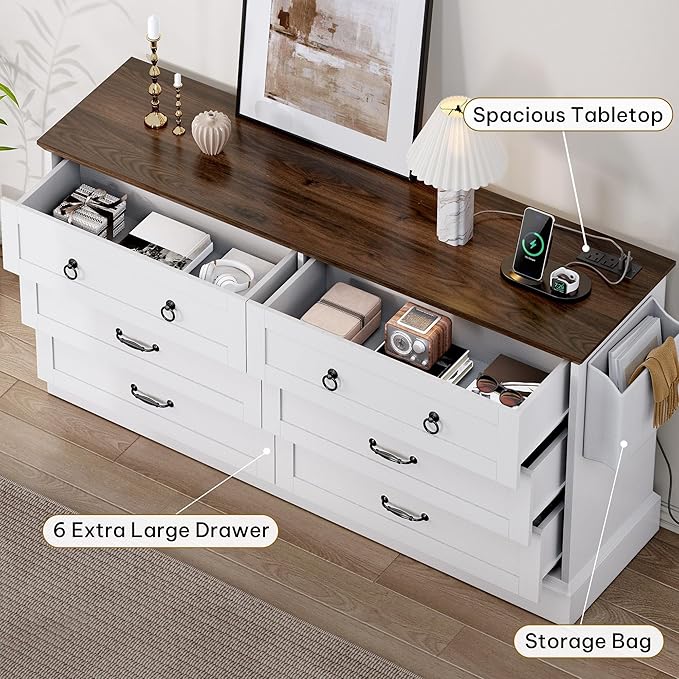 DWVO Farmhouse 6 Drawers Dresser, 59" Wide Wood Rustic Chest of Drawers with Nice Texture, Vintage Design, Storage Dressers Organizer for Living Room, Hallway, White