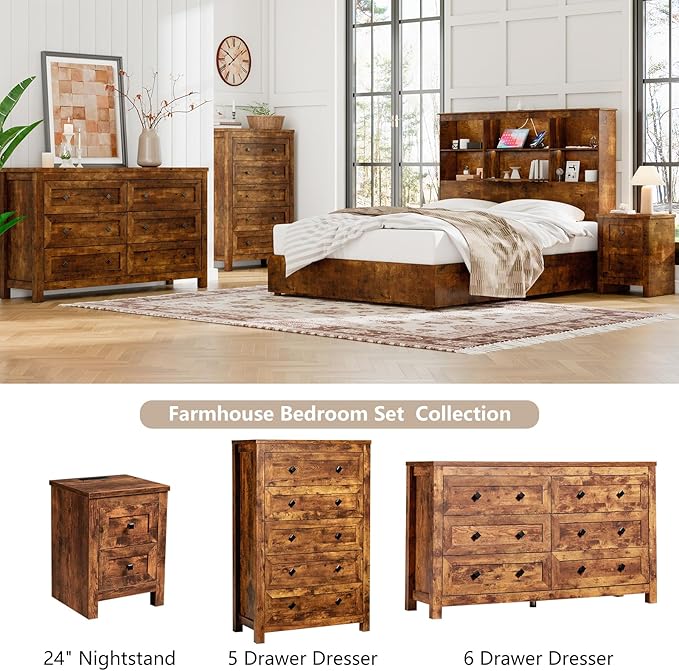 Farmhouse 6 Drawers Dresser, Wood Rustic Chest of Drawers for Bedroom, Closet Storage Dressers Organizer, 6 Drawers Chest for Living Room, Hallway, Rustic Brown