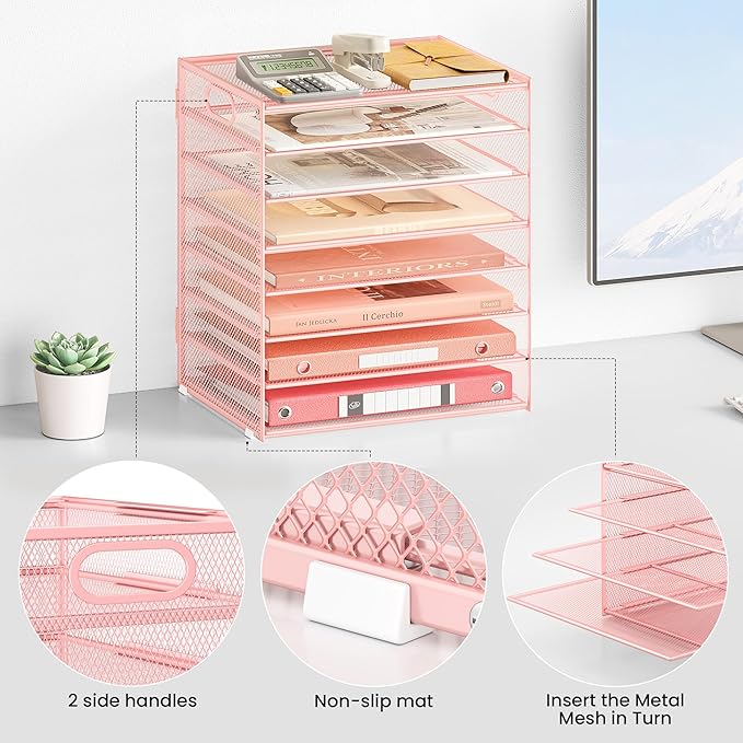 Lavatino 8-Tier Letter Tray Desk Paper Organizer, Mesh File Sorter Tray Organizer for Desk Office Supplies & Home Organization, Fits A4 Paper, Mail, Magazines and Office Accessories (Pink with Handle)