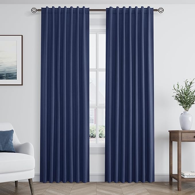 Guken Blackout Curtains 80 Inch Length 2 Panels Set for Living Room Bedroom Back Tab Thermal Insulated 100% Black Out Linen Drapes Room Darkening Window Curtains 80 Inches Long,Classic Blue