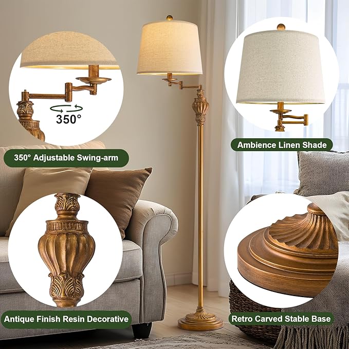 61" Vintage Floor Lamp with 350° Adjustable Swing Arm, Gold Standing Lamp for Bedroom Living Room Nightstand Bedside Retro Farmhouse Mid Century Lamp Light Home Décor Office Gifts
