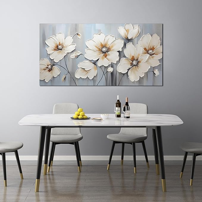Large Canvas Wall Art Modern Wall Decor White Flower Theme Picture Wall Art with Frame Canvas Decorative Artwork Living Room Bedroom Home Office Hangable Decorative Painting Size 24x48 B