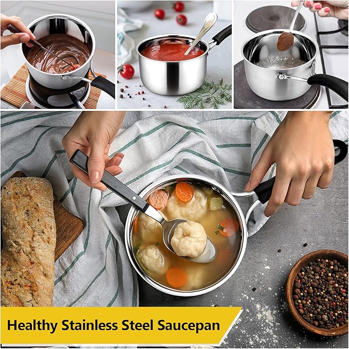 E-far Saucepan with Lid Set, 1 Quart and 2 Quart Stainless Steel Sauce Pan, Multipurpose Small Pot Set for Home Kitchen Restaurant Cooking, Easy Clean & Rust Free, Dishwasher Safe