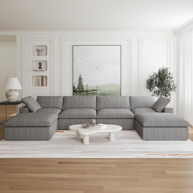 JACH U-Shaped Couches for Living Room, 6-Seats Modular Convertible Sectional Sofa Couch, Couch Cushion Covers Removable, Comfy Sofas with Chaise Ottomans for Apartment Bedroom Office (Grey)