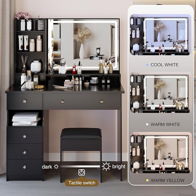 41" Vanity Desk with Mirror and Lights, Makeup Table with Led Mirror, 3 Lighting Colors, Vanity Set with 6 Drawers and Stool for Bedroom, Black