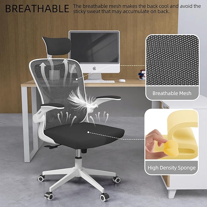 Office Chair Ergonomic Desk Chair, 350 LBS Mesh Office Chair with Lumbar Support, Comfy Desk Chair with Wheels, Big and Tall Chair for Study Work Gaming (Black+White)