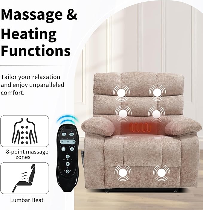Lay Flat Recliner with Vibration Massage and Lumbar Heating, 26'' Wide Recliner Chair with Infinite Position and 2 Remote Controls, Soft Chenille Lift Recliner for Living Room, Khaki