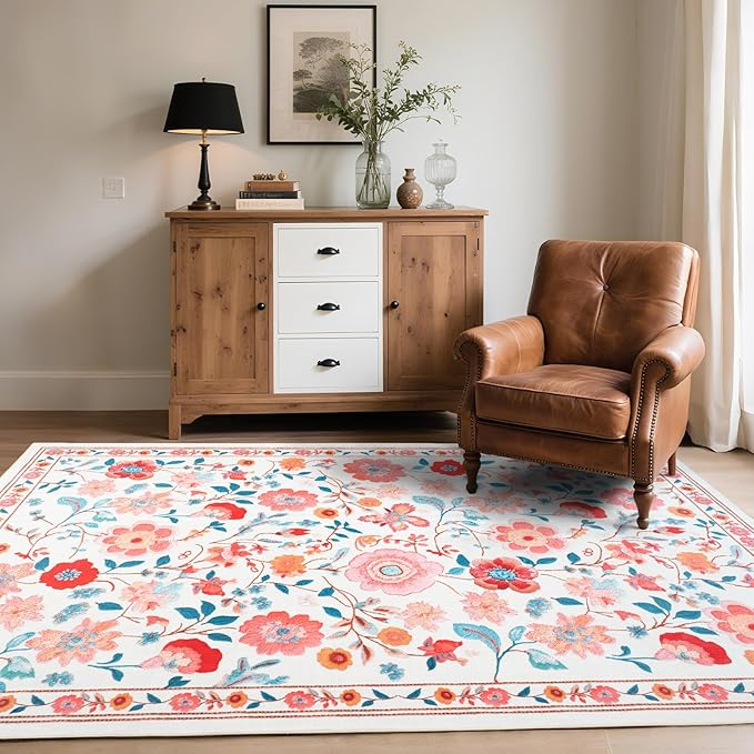 Living Room Rug 6x9 Rug, Machine Washable Area Rug Non Slip Low Pile Floral Rug for Living Room, Bedroom, Farmhouse, Dining Room, Kids Playroom, Beige