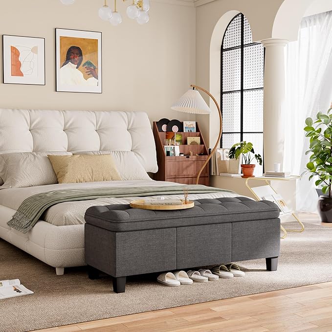 YESHOMY 47 Inches Ottoman with Storage, Storage Bench with Legs, Ottomans for Living Room, Entryway, Adjustable & Movable, Easy Assembly, Linen Fabric Dark Gray