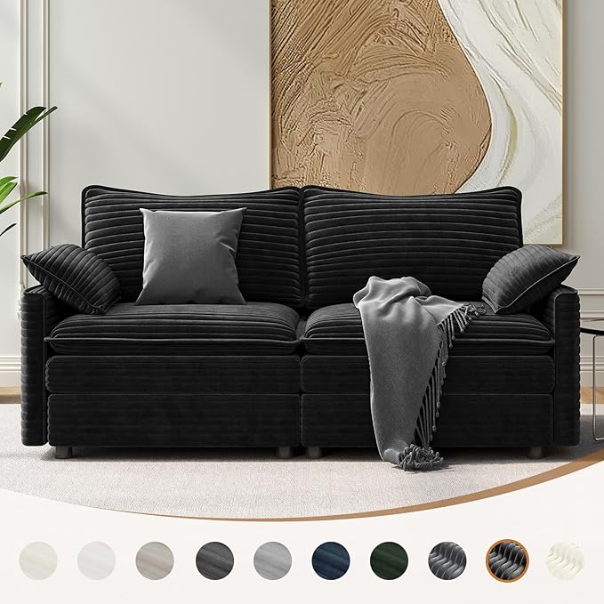 Vesgantti 74" Loveseat Sofa for Living Room, Comfy Cloud Couch Deep Seat Corduroy Modern 2 Seater Small Sofa with Armrest Pillow, Easy Assembly for Small Spaces, Black