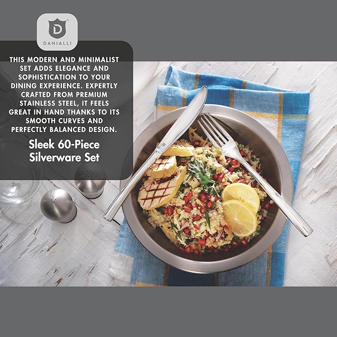 Modern Sleek Silverware Set - 18/10 Stainless Steel Flatware Set for Elegant Dining - Dishwasher Safe Cutlery Set -Built to Last Commitment (60-Piece)