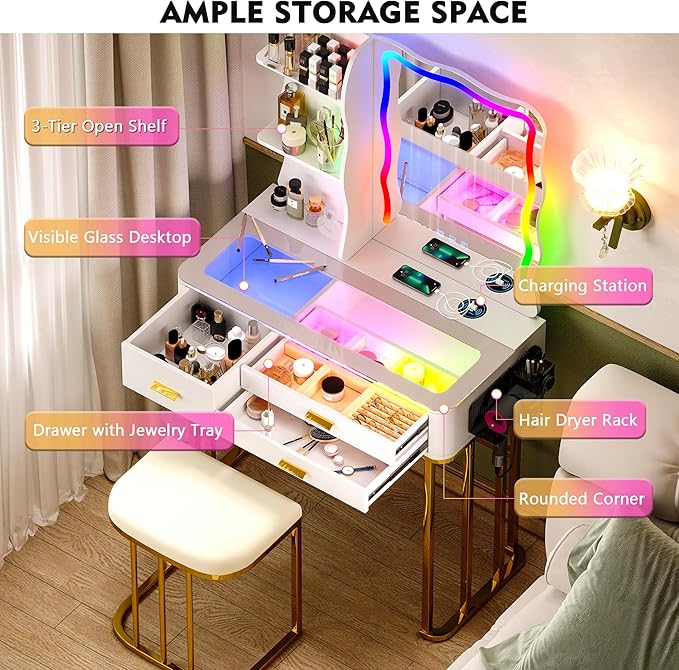 RGB Makeup Vanity Desk with Wireless Charging Station,7 Dynamic and 7 Static Dimmable Vanity Table with Visible Glass Top,Auto Sensor LED Make up Vanity with Mirror and Lights,Stool