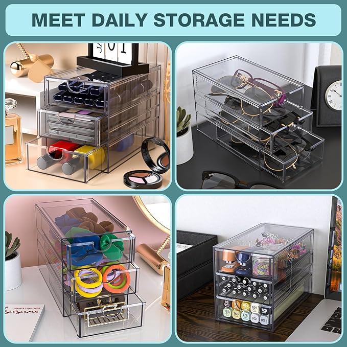 Noverlife 3 Drawers Hair Accessories Organizer, Clear Acrylic Hair Ties Desktop Craft Drawer Cabinet, Hair Claws Desk Organizer Storage Containers Box with Pull-Out Drawer for Bathroom Closet Office