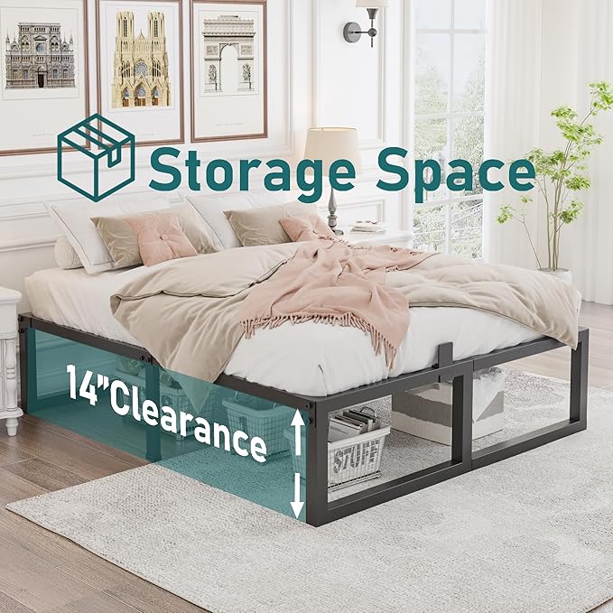 16 inch Queen Bed Frame,3500 lbs Heavy Duty Metal Platform,Steel Slats Support/No Box Spring Needed/Noise Free/Non-Slip/Easy Assembly