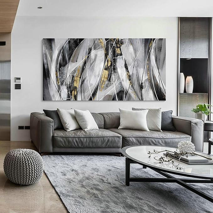 KLAKLA Black Wall Art for Living Room - Large Wall Decor Gold White Gray Abstracr Canvas Wall Art - Bedroom Art Painting Picture Artwork for Wall