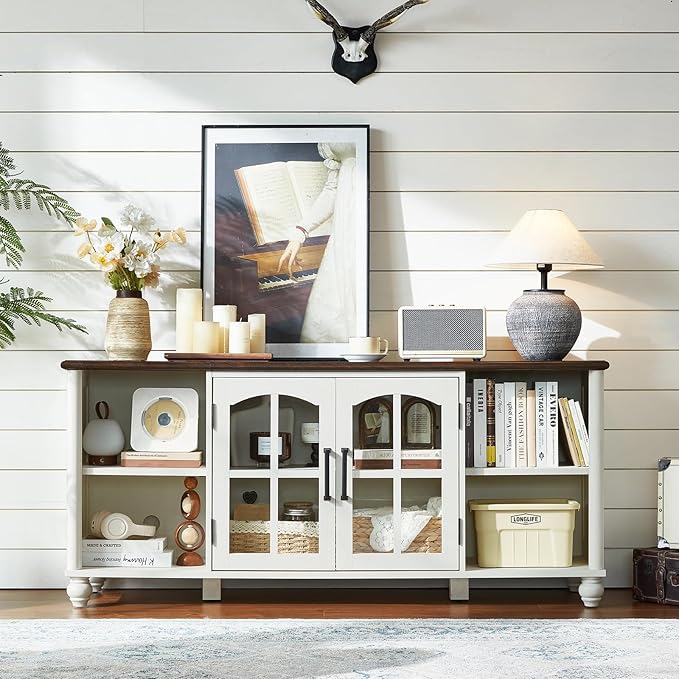 Farmhouse TV Stand for 60 Inch TV, Wood Entertainment Center with Glass Door Storage Cabinet & Adjustable Shelves,Television Stands for 65" TVS, TV Console Table for Living Room,Bedroom,White