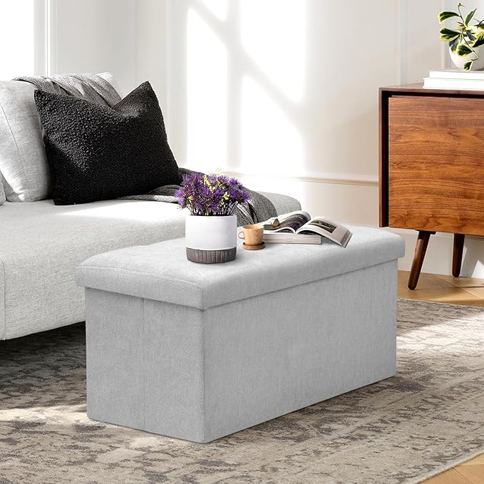 Athena Collection Linen Ottoman with Storage, 30 Inches Large Storage Ottoman Bench with 90L Storage, End of Bed Bench Foot Rest for Living Room, Bedroom, Entry, Light Grey