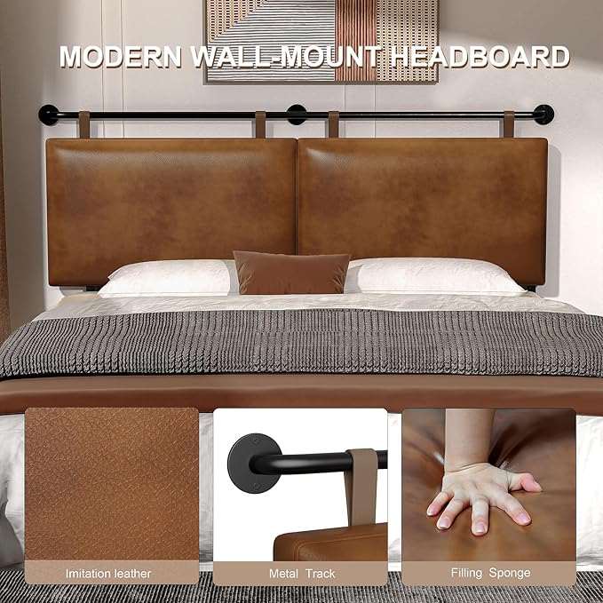 King Size Bed Headboard Wall Mount PU Leather Head Board Only Brown Hanging Head Boards, Industrial Pipe Modern Bed Backboard for Bedroom(Brown Leather, King)