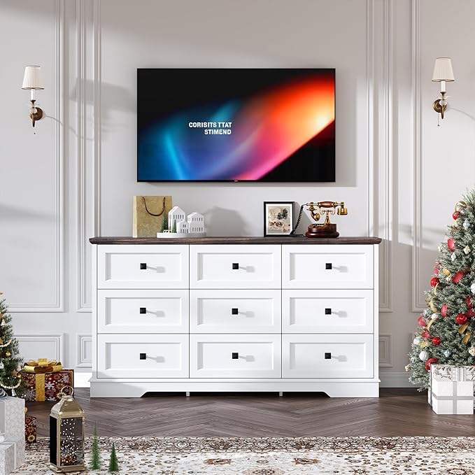 Farmhouse 9 Drawers Dresser Chests for Bedroom, White 9 Drawers TV Stand, Long Wood Dressers Organizer for Closet, Modern Storage Organizer Cabinet for Bedroom, Hallway & Entryway