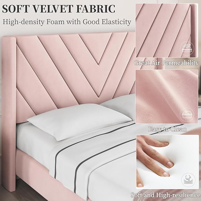 Yaheetech Queen Bed Frame Upholstered Platform Bed with Wing Side/Wooden Slat Support/Tufted Headboard with Wing Side/Mattress Foundation/No Box Spring Needed,Pink Queen Bed